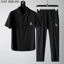 JUST FEEL!NG 봄여름 캐주얼 반팔 셔츠 반팔 셔츠 밴딩 긴바지 트레이닝 남성 상하세트