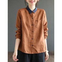 린넨 셔츠 블라우스 린넨긴팔셔츠 여성 캐주얼 봄 빈티지 스타일 솔리드 컬러 베이직 코튼 긴팔 상의 2217