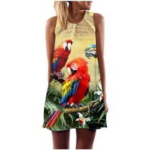 동남아원피스 앵무새 프린트 여성 드레스 여름 휴가 파티 비치 Sundress 캐주얼 보헤미안 스위트 a 라인 민소매 튜닉 탱크