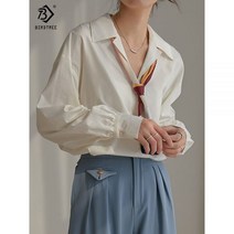 리본 타이 블라우스 스카프 한 여성 코튼 화이트 셔츠 브이넥 퍼프소매 빈티지 사무복