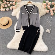 수입원피스 갯마을 차차차 신민아 스타일 복고풍 싱글 브레스트 슬림 가디건 스커트 세트