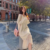 브이넥 루즈핏 프릴 레이어드 긴팔 니트 롱 원피스 스웨터 꾸안꾸 데일리 데이트 20대 30대