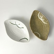[2개세트] 나뭇잎(소) 반찬 요리 접시 타원형 도자기 접시, 화이트/그린, 1세트