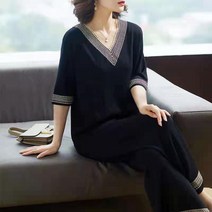 ANYOU 중년여성 여름 캐주얼 세트 브이넥 반팔티 와이드팬츠 투피스 빅사이즈 Z352