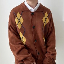 남성 오버핏 아가일 니트 포켓 가디건 기본템 데이트 교사룩 할아버지옷