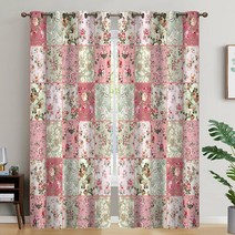 Peakman Boho Pathwork 핑크 꽃무늬 창문 커튼 보헤미안 스타일 스티칭 다채로운 암막 거실용 패널 2개 세트 장식 너비 264.2cm x 길이 213.4cm(104