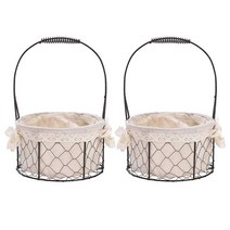 RXMORI 소박한 꽃 소녀 바구니 2개 손잡이가 달린 금속 와이어 보관 패브릭 안감과 레이스 리본이 있는 웨딩 플라워 빈티지 정리함 통489161, A3