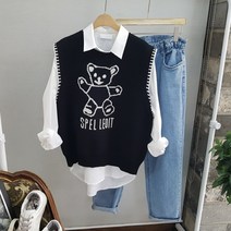 상상그이상 여성용 귀여운 곰돌이 스티치 니트 조끼 베스트 간절기