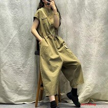 puildaug 레트로 허리를 닫는 드레스 점프 수트 여성 느낌 여름 느슨한 큰 패션 캐주얼 점프 수트
