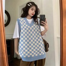 손뜨개조끼 오버핏 롱 크롭 니트조끼 플러스 사이즈 3xl 격자 무늬 인쇄 v-목 조끼 여성 어 기본 민소매 Preppy 스타일 니트 스웨터 대형