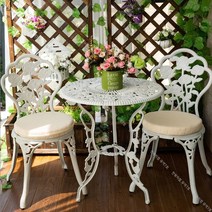 야외용평상 야장 테라스 베란다포차 야외 테이블 정원용 의자 옥상 포장마차 부부 테이블 세트, 로즈 3종 세트 [화이트]