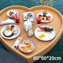 라탄 수납장 바구니 서랍장 수영 트레이 음식 음료 저장 수영장 플로팅 트레이 아침 티, 6