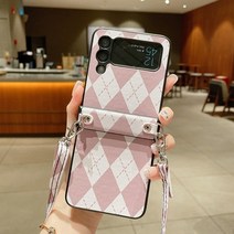 z플립 케이스 for samsung galaxy z flip 4 3 pu 가죽 커버 패션 웨이브 포인트 스트랩 코드 체인 crossboby case for z flip3