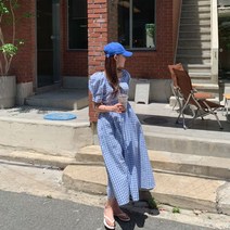 클로슈W / 나들이 체크 스퀘어넥 퍼프 롱원피스 2color