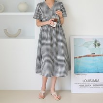 데일리앤 아일 여름 깅엄 체크 브이넥 반팔 루즈핏 면 롱원피스