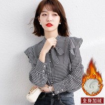 여성셔츠 체크무늬 블라우스 봄패션 플라워쉬폰원단 시크 리본넥 소매끝디자인