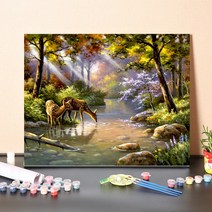 urkoteer DIY 명화 그리기 세트 40 x 50 cm 액자형 유화 붓 2세트 증정, 사슴-02