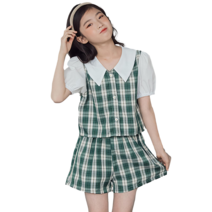 베비포 여아용 데이지 체크 상하복 세트 R37