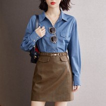 넷투넷코리아 여성 셔츠 긴팔 심플 데일리 무지 청 데님 블라우스