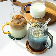 내열 칼라 손잡이 저그 유리컵, 옐로우 600ml