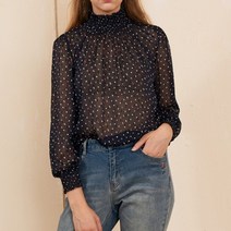 써스데이아일랜드 여성 쉬폰 터틀넥 블라우스 셔링 도트 슬림 로맨틱 캐주얼