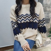 상상그이상 여성용 물결 자가드 긴팔니트 풀오버 스웨터 데일리로 입기좋은 루즈핏 오피스룩 가성비좋은 체형커버 도톰 포근한 라운드넥 니트