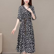 POMTOR 30 40대 여성 빅사이즈 원피스 플라워 7부 소매 여름 원피스