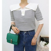 빅카라 스트라이프 니트 반팔티 카라티 퍼프 블라우스 여름 하객룩 코디 바캉스룩