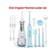 구강세정기 물치실 휴대용구강세정기 물칫솔 구강세척기 전기 구강 세정기 + 초음파 치과 미적분 세트 워터 제트 치실 치아 5 팁 치아 클리너 치아 미백, 세트 2