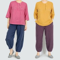 [천삼백케이] [조선클로젯] 2743 들꽃자수 여유있는 티셔츠+바지 세트 슬라브면 4색상
