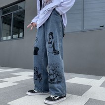 +3 가을 미국풍 복고 캐릭터 그래피티 프린트 와이드 팬츠 청바지 남녀