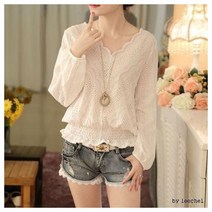 예쁨주의 허리셔링 펀칭레이스 V넥 블라우스 면 가을 브라우스 공주옷