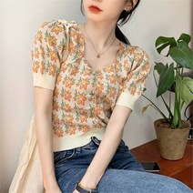 앨리스도매 여성스런 여름패션 플라워 넥포인트 크롭 니트반팔티 (8986336)
