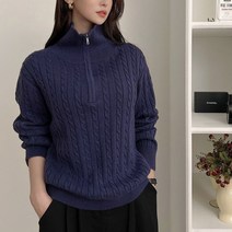 뜨개진 여성용 루즈핏 쫀쫀 꽈배기 루이턴 반집업 터틀넥 니트