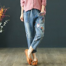 여자 자수 청바지 중년 엄마 9부 허리밴딩 꽃자수 배기팬츠 데님
