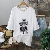 상상그이상 여성용 국내제작 귀염오토바이 곰티셔츠 유니크 프린팅 원단좋고 시원한 라운드넥 롱티셔츠