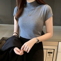 리브레 니트 패션 반팔 티셔츠 여성 하프 터틀넥 스트레치 티셔츠 솔리드 캐주얼 봄 여름