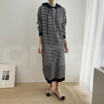오르네트 여성 스트라이프 후드 니트 롱원피스