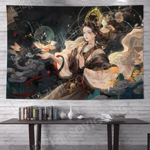 중국 스타일 돈황 선녀 배경 벽화 침실 거실 장식 휘장 셀럽 동양화 미인도 그림, 1.5 X 3, G