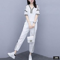 가바바 여성 빅사이즈 트레이닝복 세트 편하게 입는 심플한 브이넥 여름 트레이닝복 세트 G52318