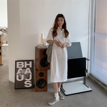 딜라이 여성 맨두맨 롱 반팔 원피스 카라넥