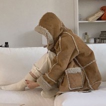 빈티지 패치워크루즈핏 양면 후드 하프 무스탕 코트 자켓