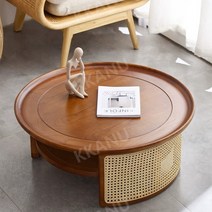 라탄테이블 원목 탁자 카페 찻상 원형 커피 티테이블, 블랙 물푸레나무 직경 80cm
