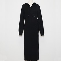 베티숍 겨울 여자 기본핏 베이직 브이넥 후드 롱니트원피스