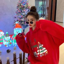 엔티랄라 크리스마스 맨투맨 후드 맨투맨 여성 맨투맨 기모 안감 순면의 크리스마스 장식품 크리스마스 선물 두툼한 맨투맨 기모가 들어간 미디엄 롱 헐렁한