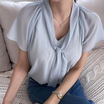 여자 보우 타이 여름반팔 쉬폰 캡소매 블라우스.옷자락(무료배송)