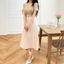 바이브루니 / 튤립 슬리브 배색 랩 블라우스 리본 원피스 (2컬러)