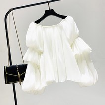 여성 플리츠 캉캉 프릴 블라우스 오프숄더 벌룬 셔츠