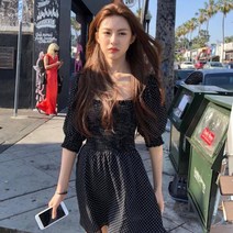 고윤정 원피스 플레어 셔링 봄 가을 스모크 도트 퍼프 스퀘어넥 여성