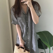 119 여성 시원한 줄무늬 카라 V넥 루즈핏 롱 반팔 원피스